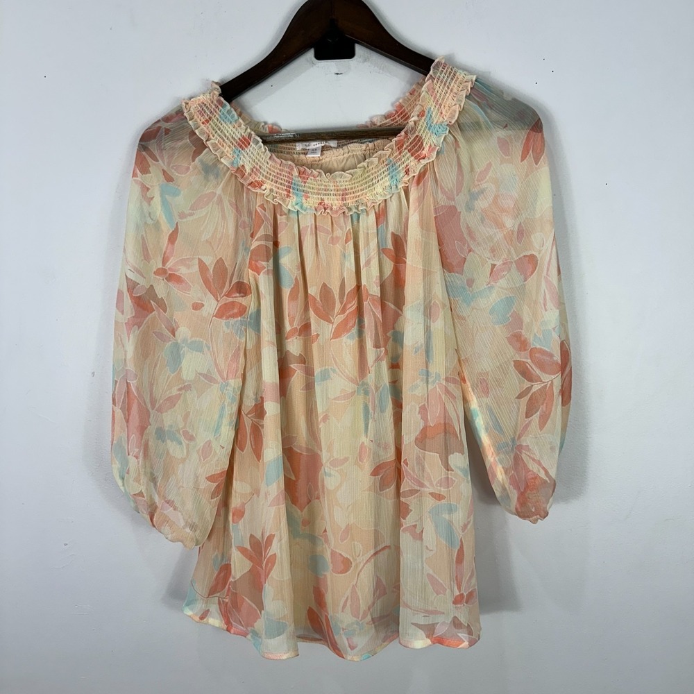 Lauren Conrad Blouse‎ XS Sheer Floral Smocked Neck Peasant Boho Cottage Fairy